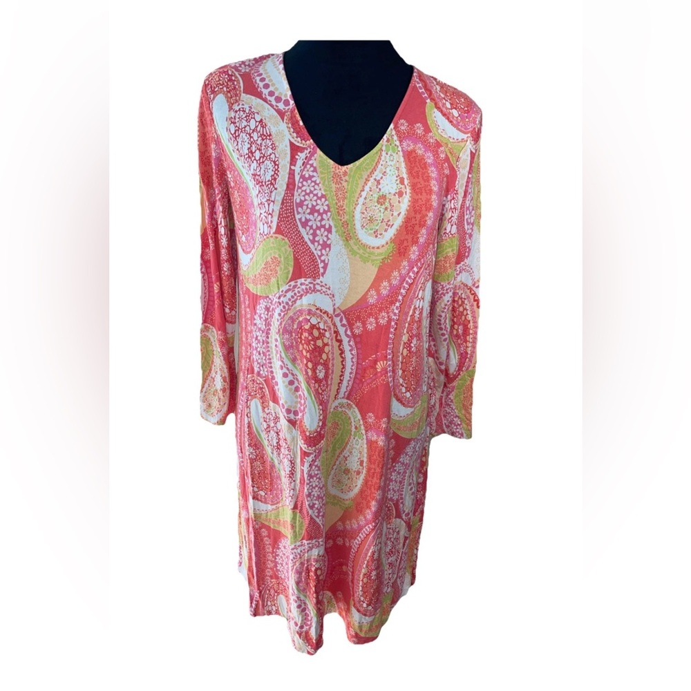 Pappagallo pink orange paisley ladies 3/4 sleeve tee shirt dress size medium EUC